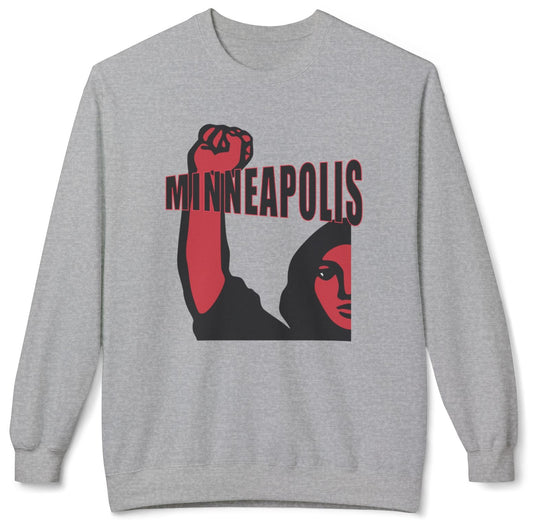 Sweatshirt with 'Minneapolis' text and graphic of a woman protester