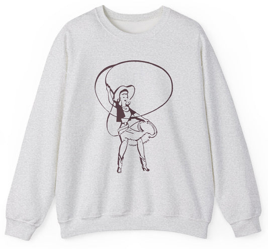 Sweatshirt with a graphic of a cowgirl roper with a lasso.
