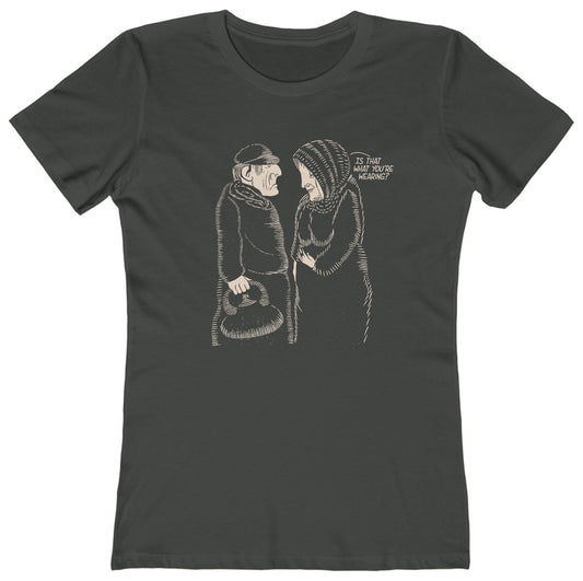 T-shirt with graphic of old couple and 'Is that what you're wearing?" text