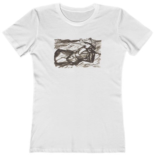t-shirt with graphic of a woman on beach dunes and 'Hamptons 1900' text
