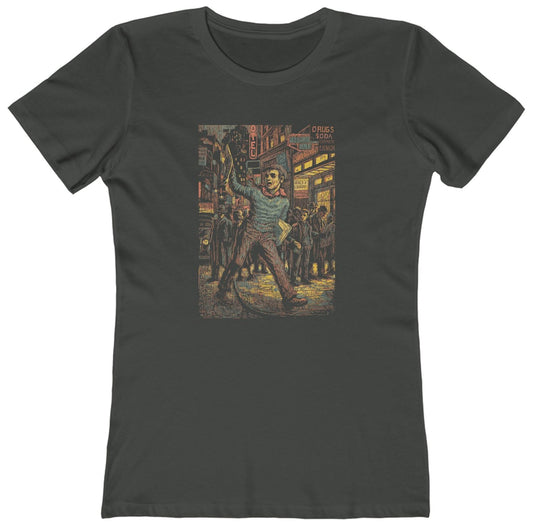 T-shirt with a graphic of a newsboy selling newspapers on a busy city street