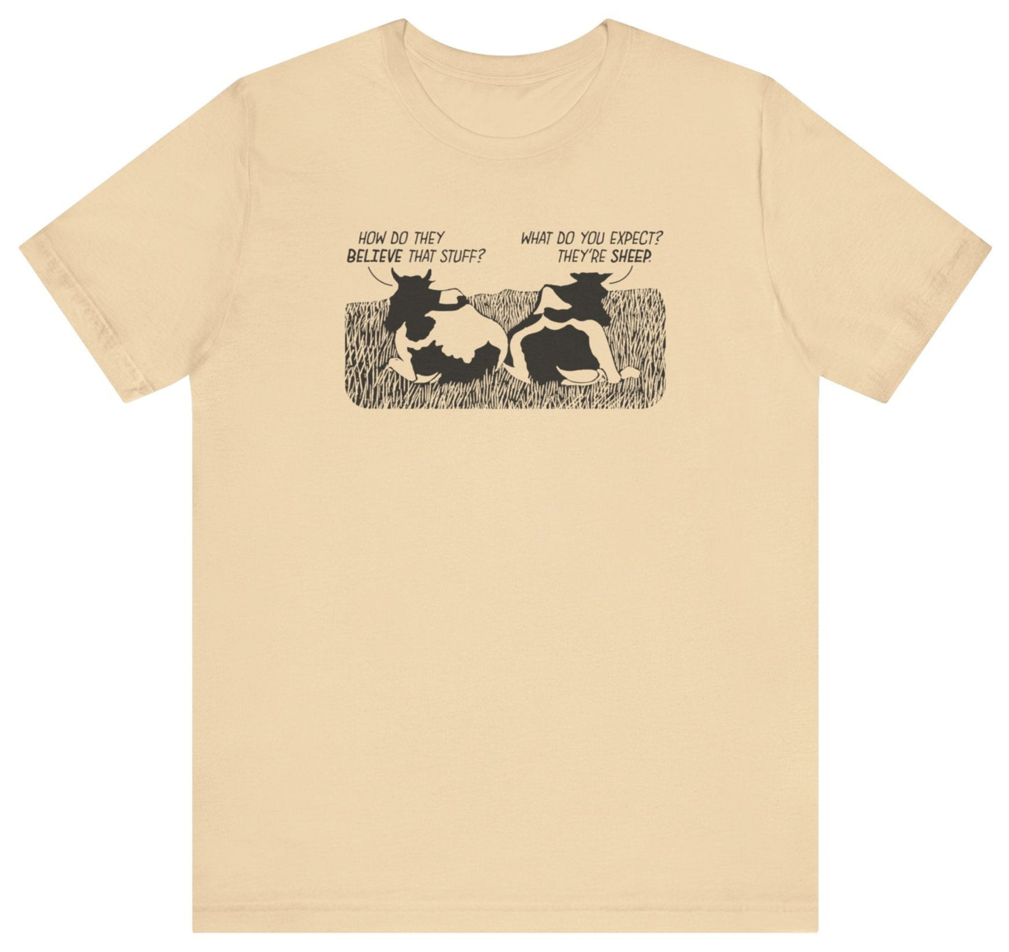 Beige t-shirt with graphic design of cows and funny text