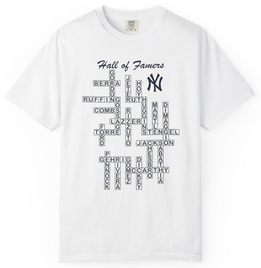 T-shirt with crossword graphic of NY Yankee Hall of Fame players.