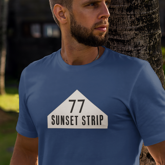 t-shirt with '77 Sunset Strip" text on an awning graphic from the 1960s Hollywood TV show