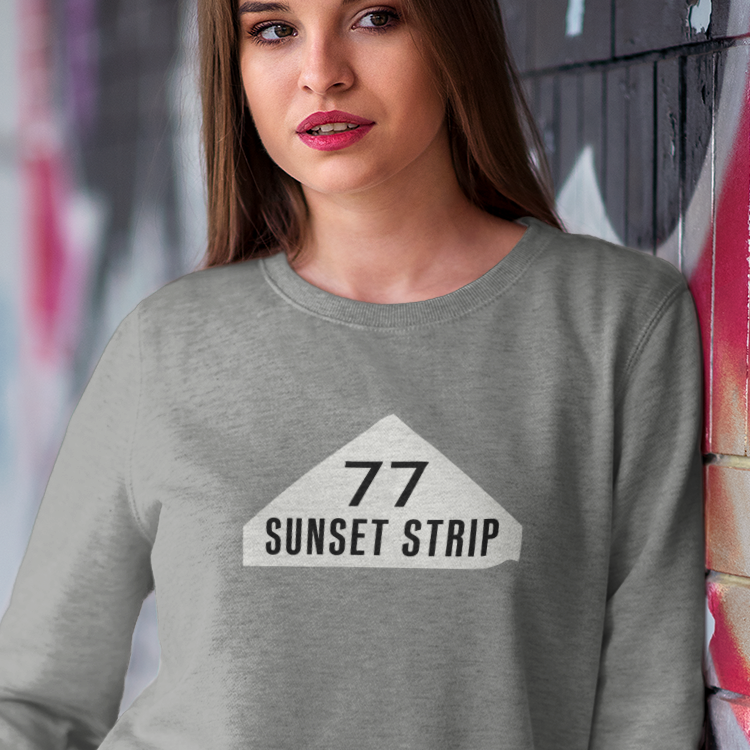 sweatshirt with '77 Sunset Strip" text on an awning graphic from the 1960s Hollywood TV show