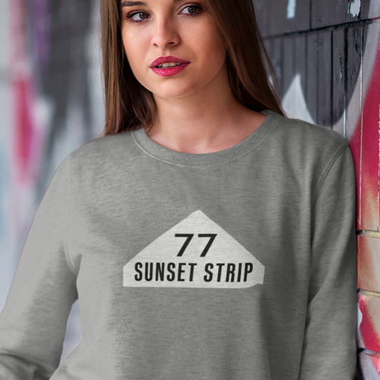 sweatshirt with '77 Sunset Strip" text on an awning graphic from the 1960s Hollywood TV show