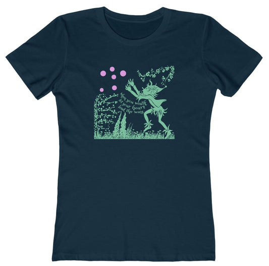 t-shirt with a pixie in a garden chasing bubbles graphic and 'when you walk let your heart lead the way' text lyrics from 'Alfie'