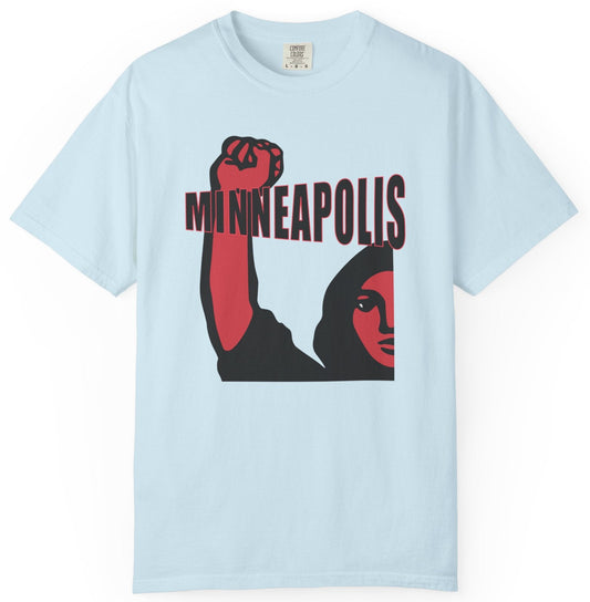 T-shirt with 'Minneapolis' text and graphic of a woman protester
