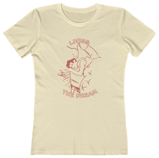 Beige t-shirt with red graphic and text 'Living the Dream' on a white background