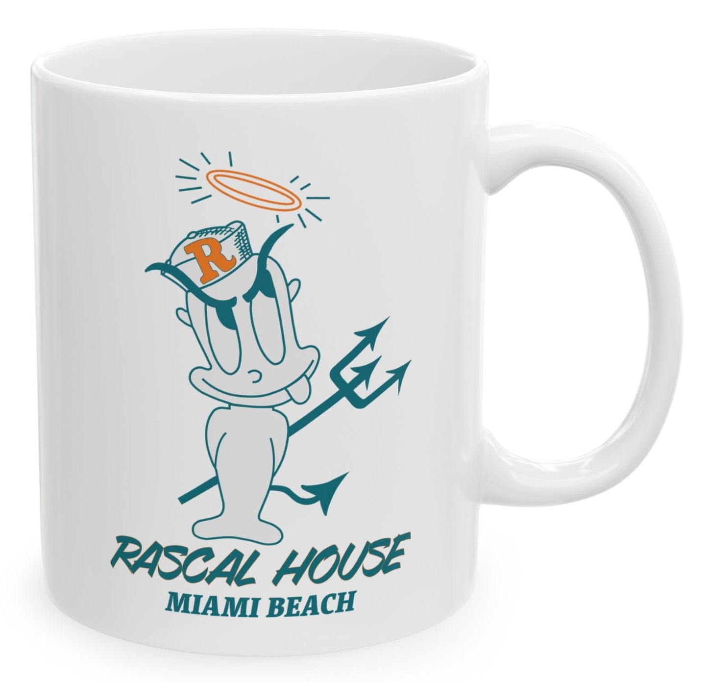 White mug with a graphic design and text 'Rascal House Miami Beach' on a white background