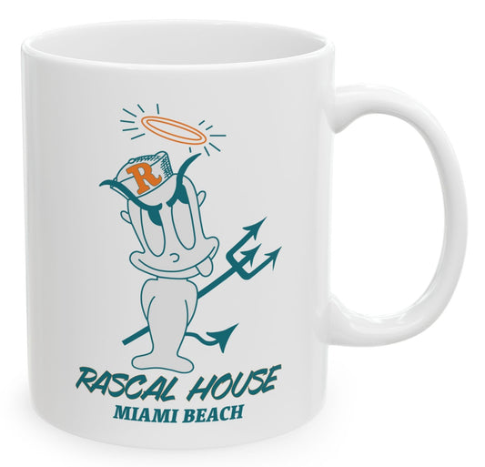 White mug with a graphic design and text 'Rascal House Miami Beach' on a white background