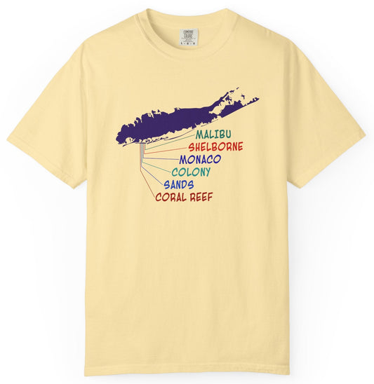 T-shirt with a map of Long Island graphic and a colorful list of the old Lido Beach clubs text.