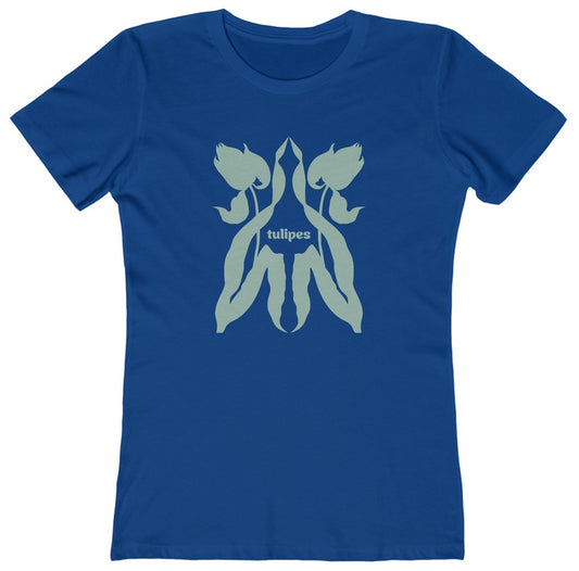 T-shirt with teal tulip design and 'tulipes' text on a white background