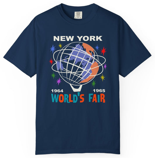 T-shirt with graphic of the Unisphere and New York World's Fair text