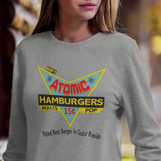 Sweatshirt with retro design graphic of 'Bud's Atomic Hamburgers.'