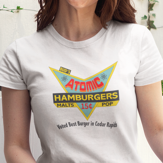 T-shirt with retro 'Atomic Hamburgers' sign graphic