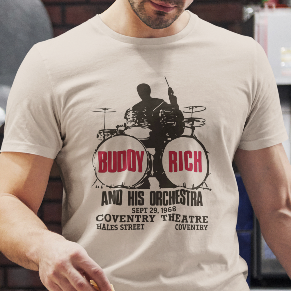 Beige t-shirt with 'Buddy Rich and his orchestra' graphic design.