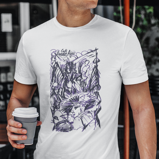 T-shirt with a graphic design of people dining al fresco and 'Cafe Buenos Aires' text