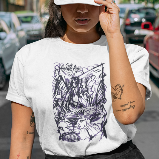 T-shirt with a graphic design of people dining al fresco and 'Cafe Buenos Aires' text
