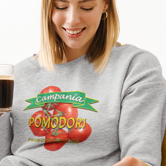 sweatshirt with tomatoes graphic, 'Campania' banner and Italian 'pomodori prodotto dell italia' text