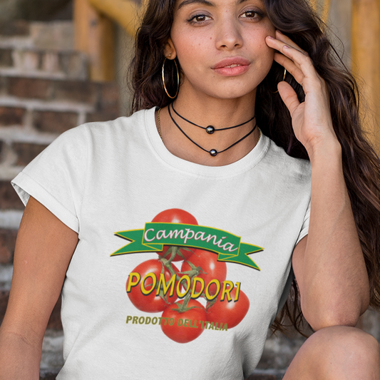 t-shirt with tomatoes graphic, 'Campania' banner and Italian 'pomodori prodotto dell italia' text