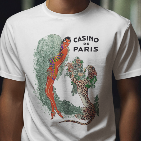 t-shirt with art deco graphic of Josephine Baker and a leopard with 'Casino de Paris' text