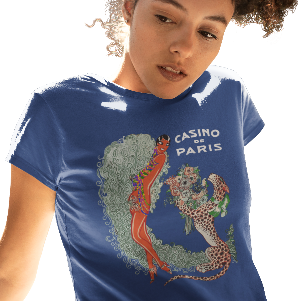 t-shirt with art deco graphic of Josephine Baker and a leopard with 'Casino de Paris' text