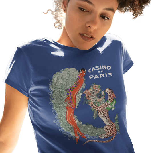 t-shirt with art deco graphic of Josephine Baker and a leopard with 'Casino de Paris' text