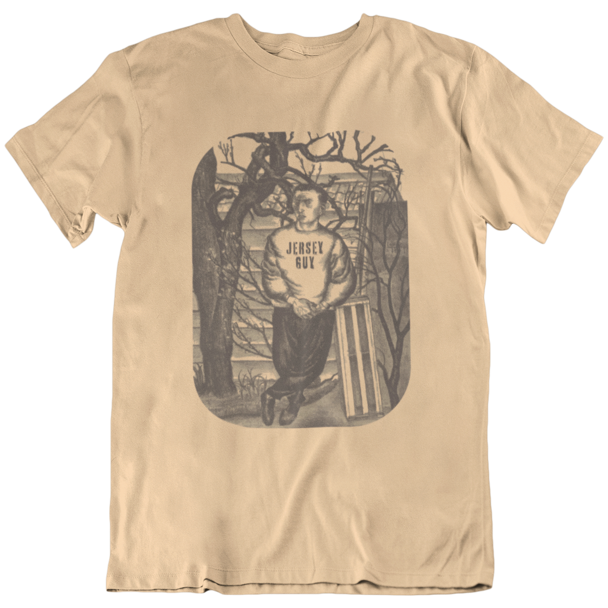 T-shirt with a graphic of a young man wearing a sweatshirt with 'Jersey Guy' text.