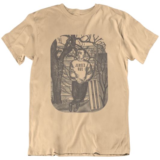 T-shirt with a graphic of a young man wearing a sweatshirt with 'Jersey Guy' text.