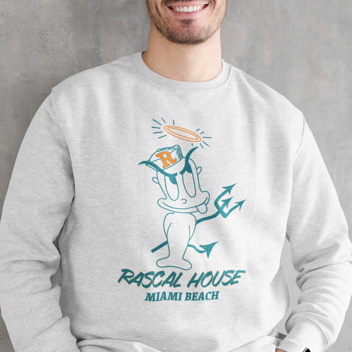 sweatshirt commemorating the old Rascal House restaurant with rascal character graphic and 'Rascal House Miami Beach' text