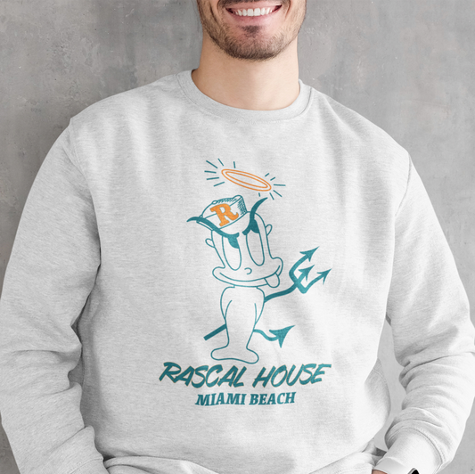 sweatshirt commemorating the old Rascal House restaurant with rascal character graphic and 'Rascal House Miami Beach' text