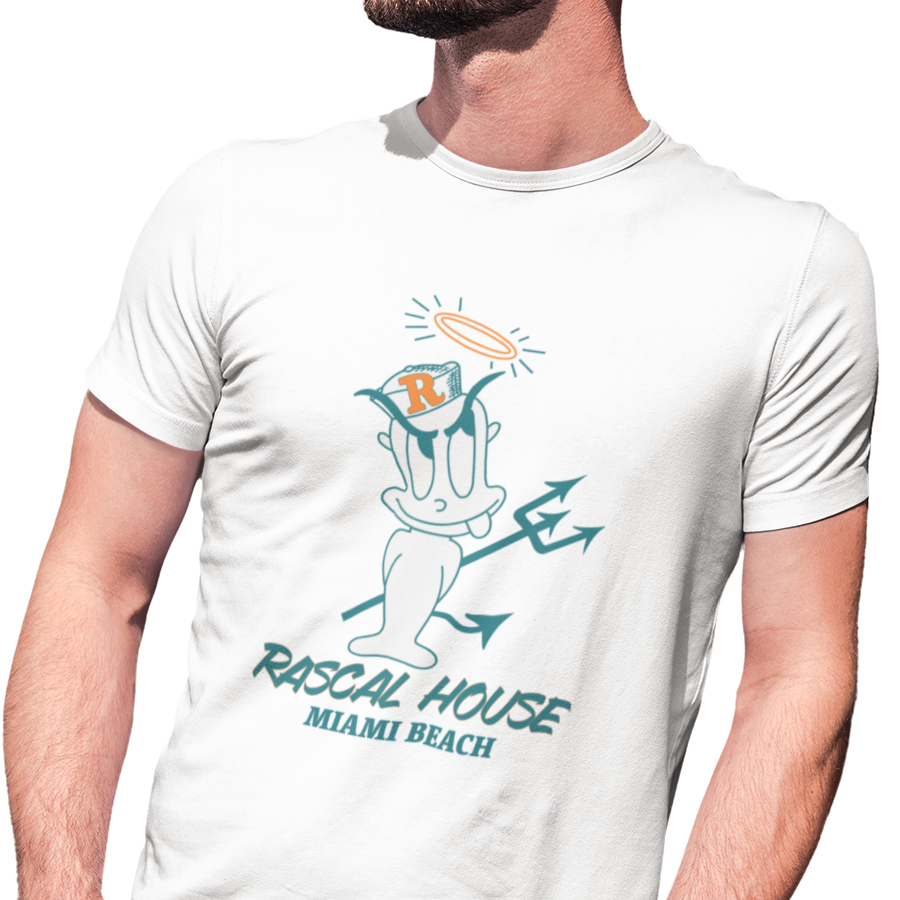 t-shirt commemorating the old Rascal House restaurant with rascal character graphic and 'Rascal House Miami Beach' text