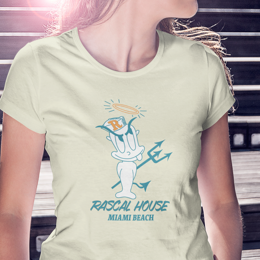 t-shirt commemorating the old Rascal House restaurant with rascal character graphic and 'Rascal House Miami Beach' text