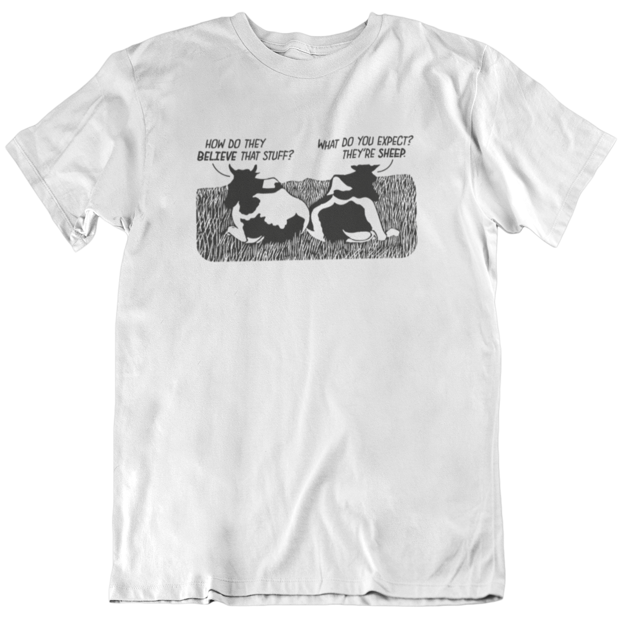 White t-shirt with black and white graphic cow design and funny comment.