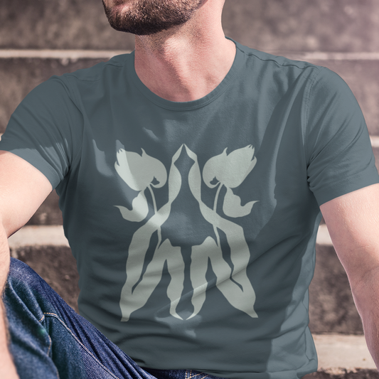 T-shirt with a graphic of two tulips reflecting each other