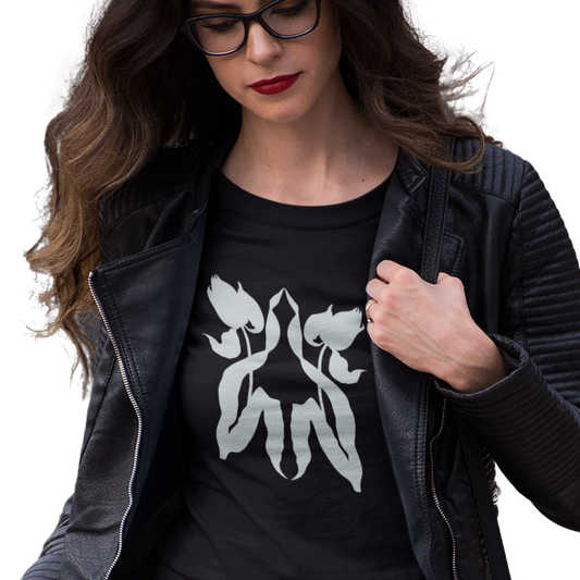 T-shirt with a graphic of two tulips reflecting each other