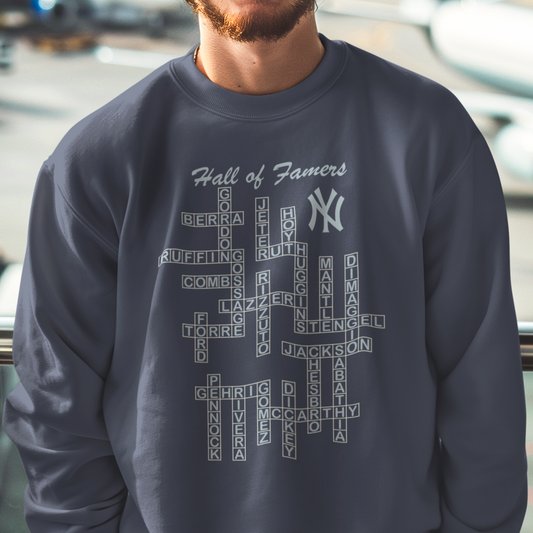 sweatshirt with a crossword design graphic of the New York Yankees Baseball Hall of Famers' names