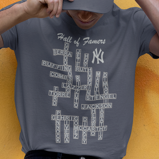 t-shirt with a crossword design graphic of the New York Yankees Baseball Hall of Famers' names