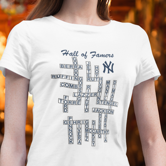 t-shirt with a crossword design graphic of the New York Yankees Baseball Hall of Famers' names