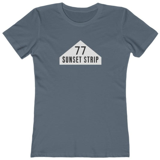 t-shirt with '77 Sunset Strip" text on an awning graphic from the 1960s Hollywood TV show