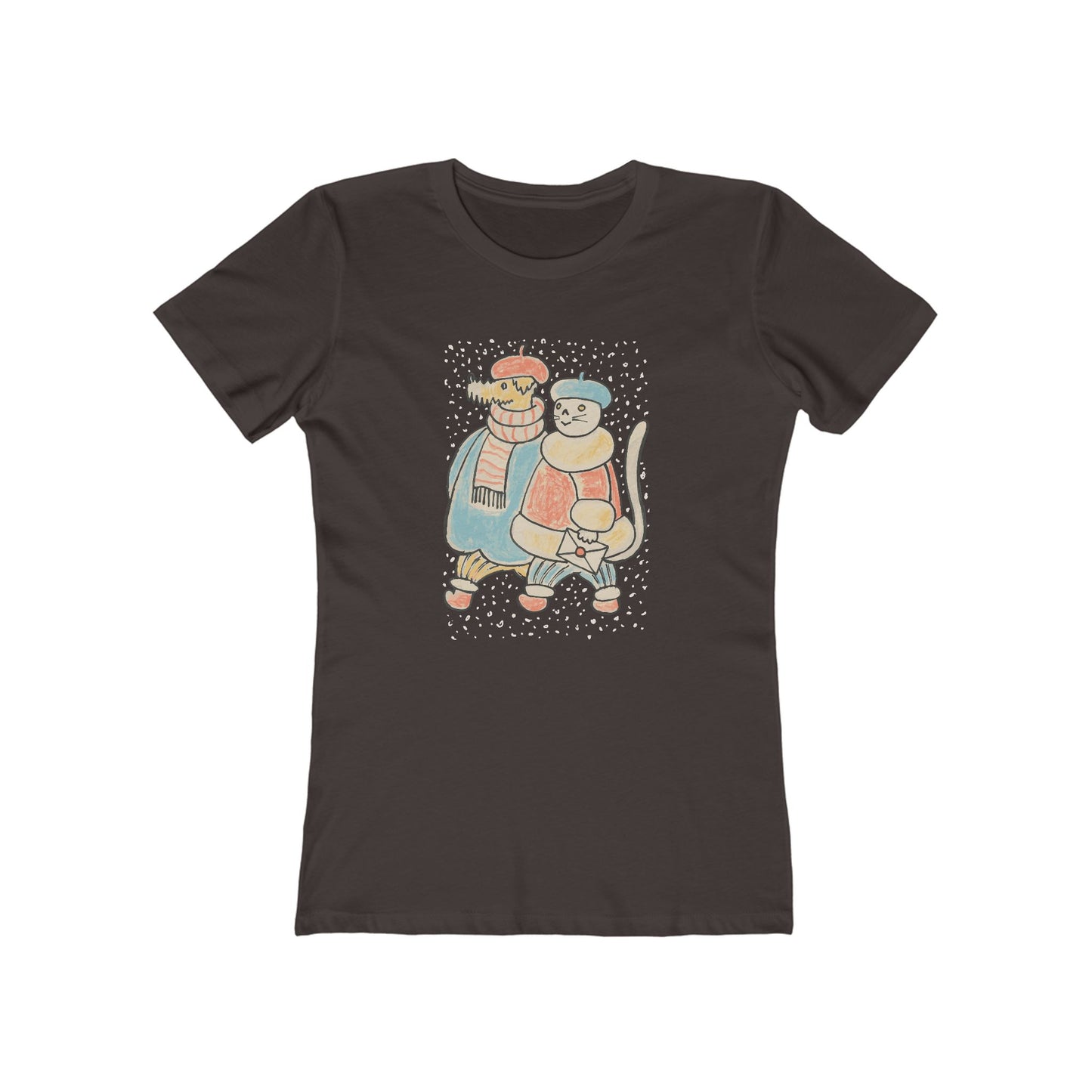 Dog and Cat on a Snowy Winter Walk T-Shirt Women's