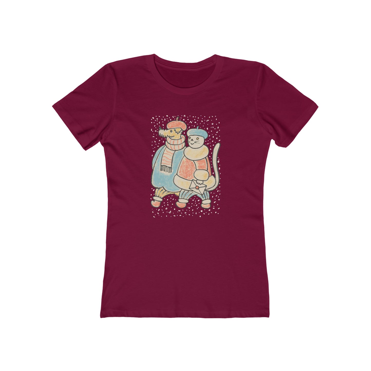 Dog and Cat on a Snowy Winter Walk T-Shirt Women's