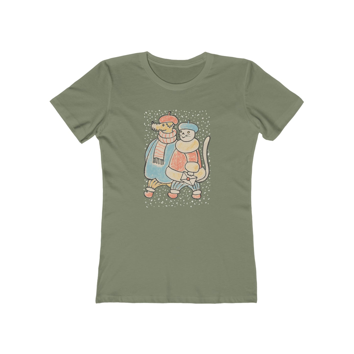 Dog and Cat on a Snowy Winter Walk T-Shirt Women's