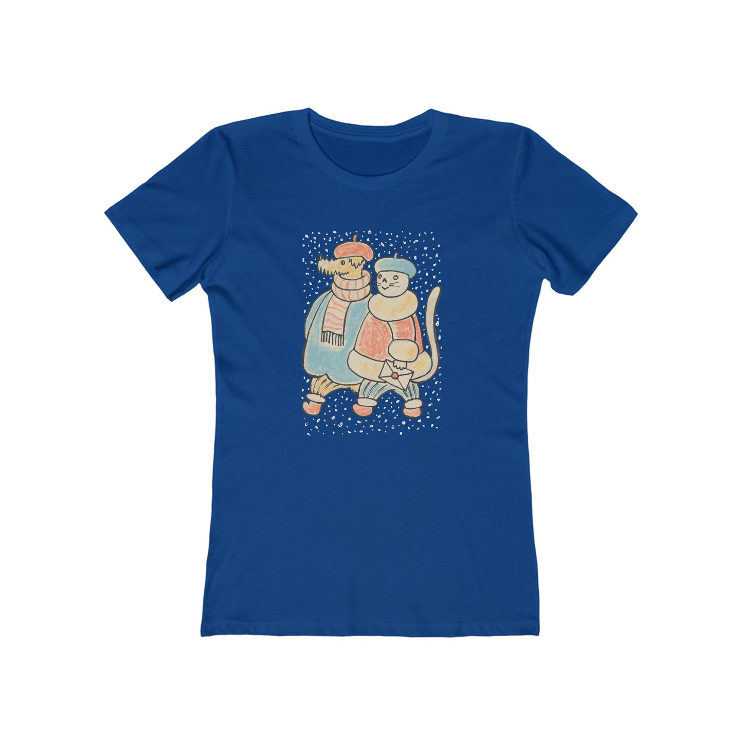 Dog and Cat on a Snowy Winter Walk T-Shirt Women's