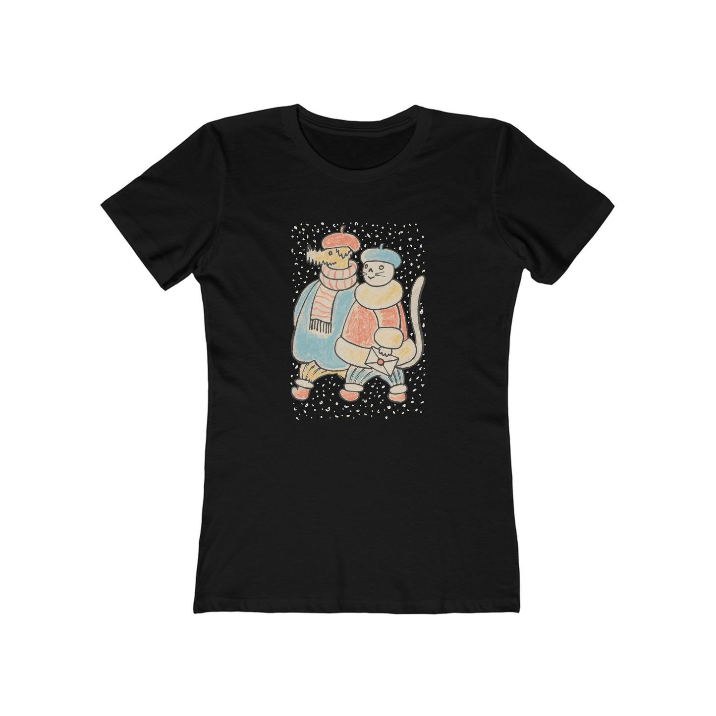 Dog and Cat on a Snowy Winter Walk T-Shirt Women's