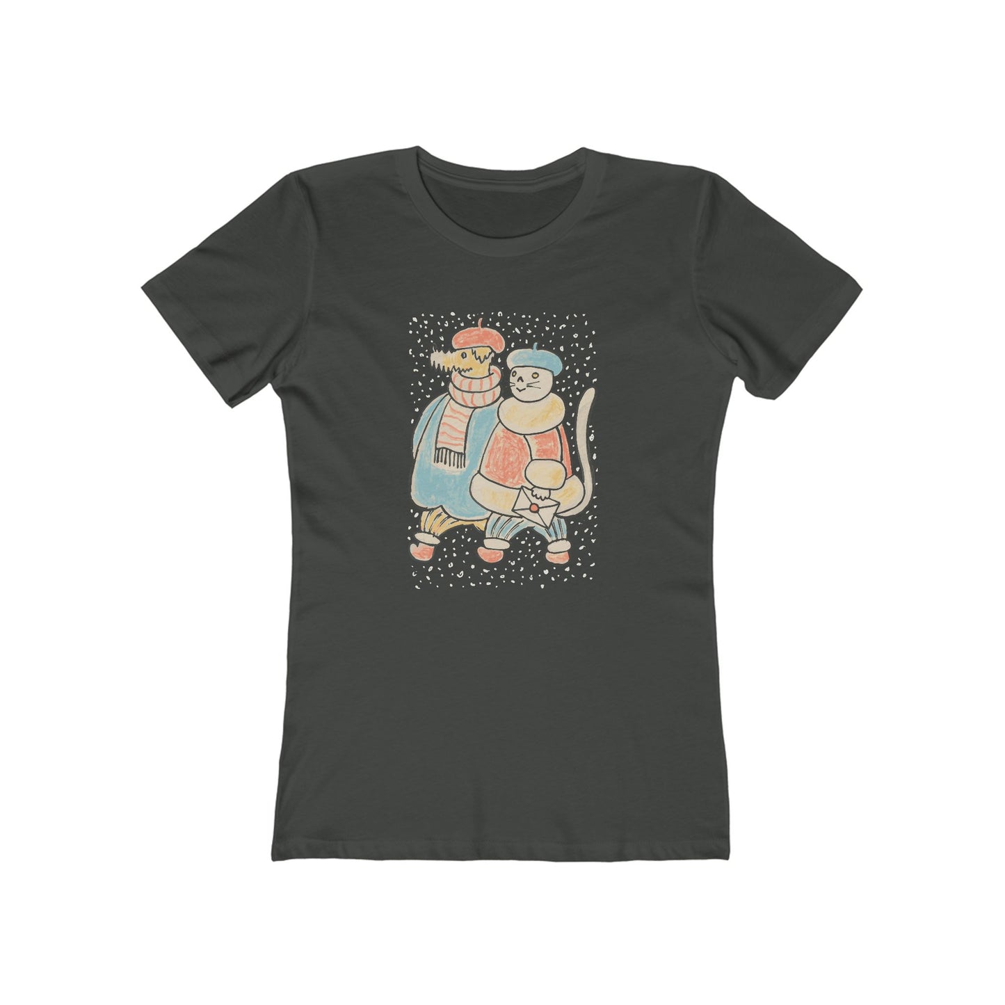Dog and Cat on a Snowy Winter Walk T-Shirt Women's