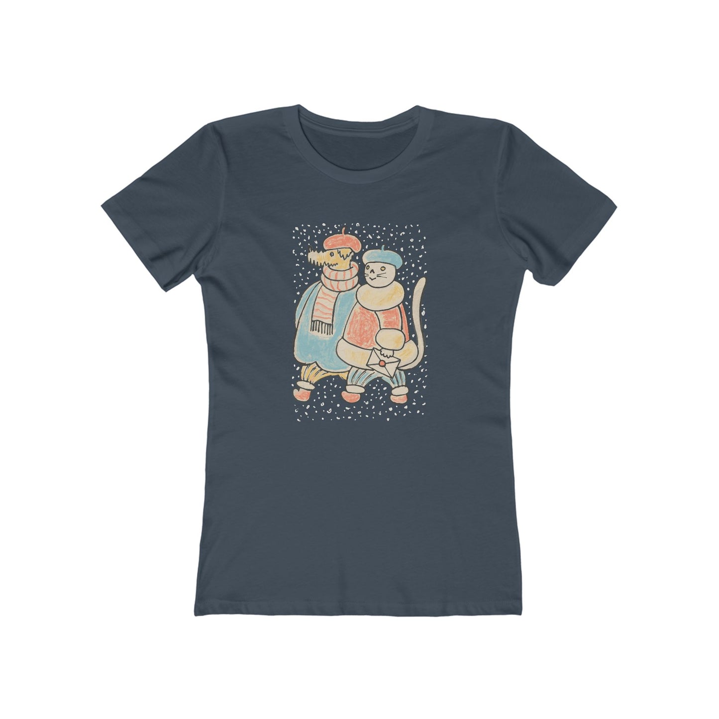 Dog and Cat on a Snowy Winter Walk T-Shirt Women's