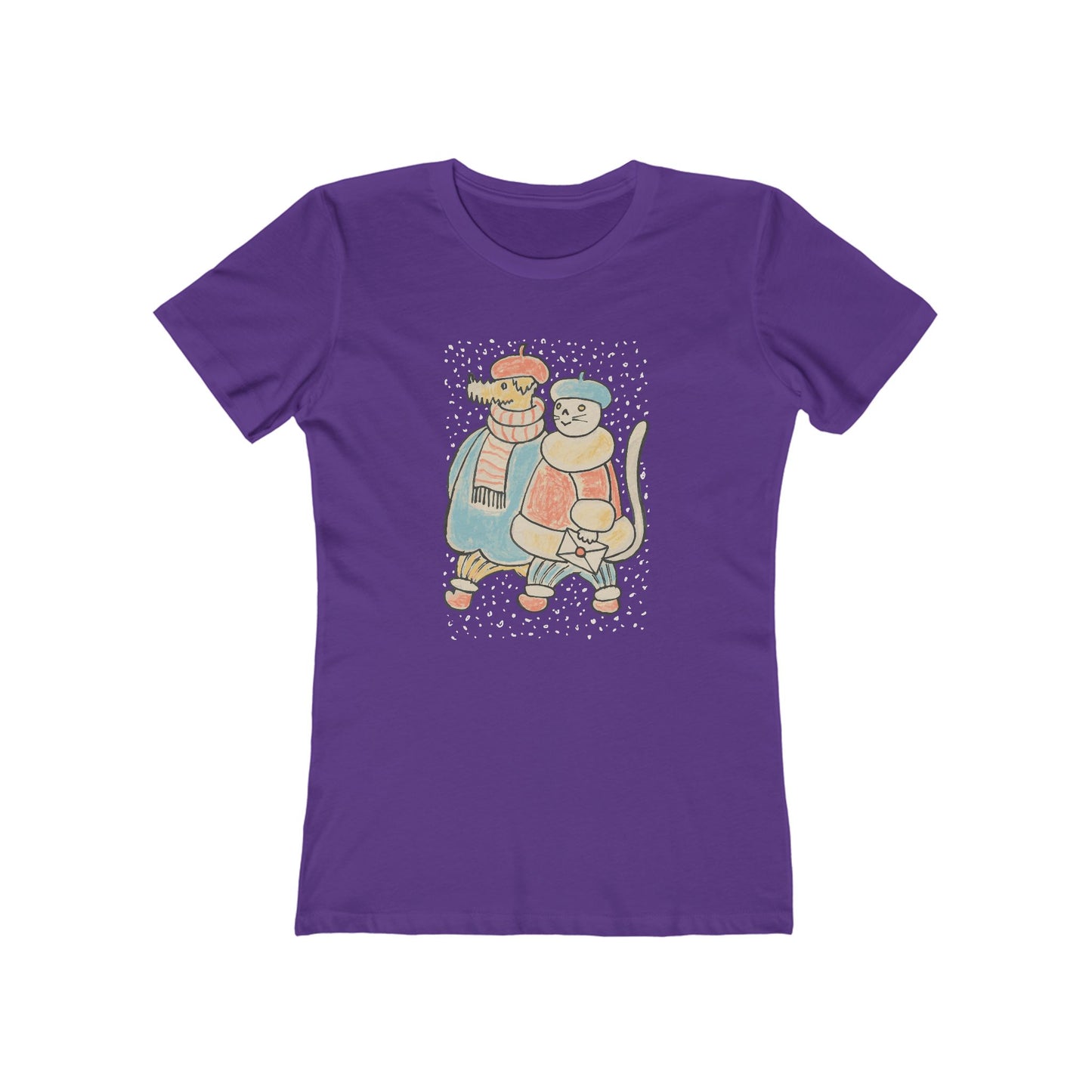 Dog and Cat on a Snowy Winter Walk T-Shirt Women's