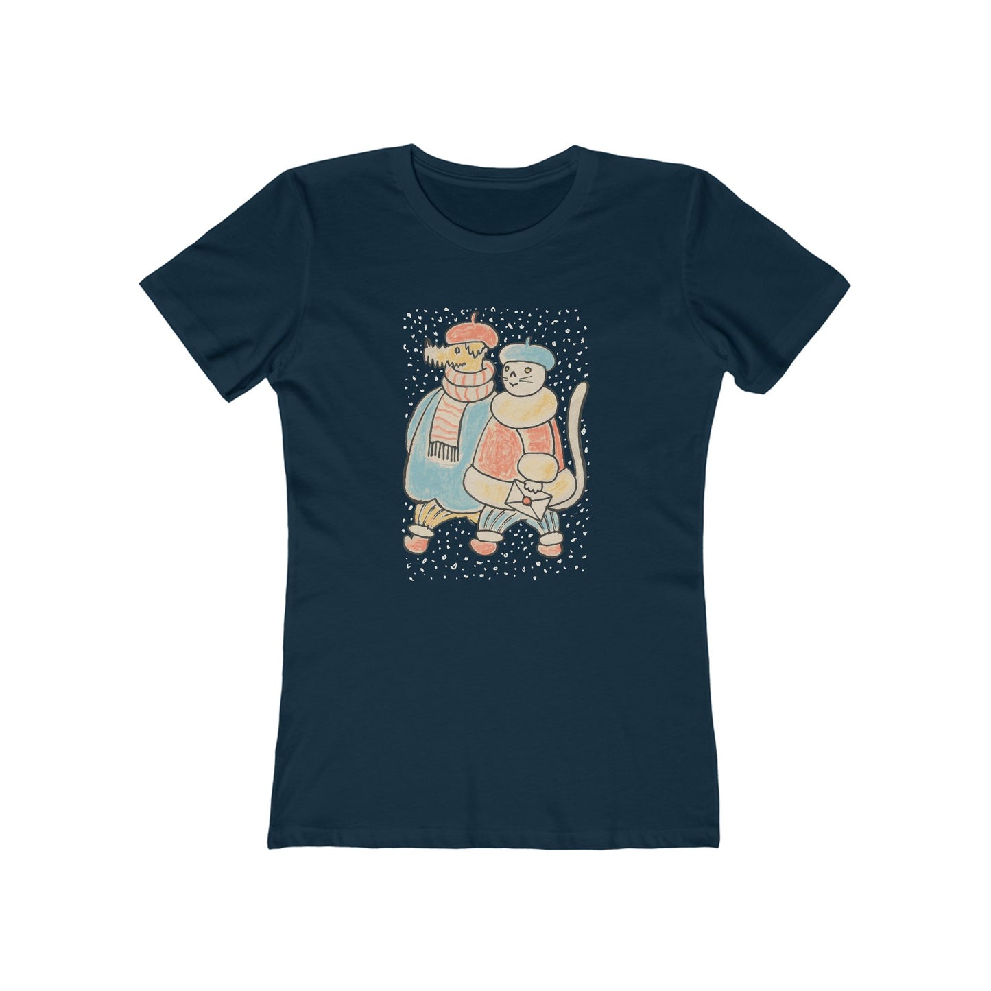 Dog and Cat on a Snowy Winter Walk T-Shirt Women's